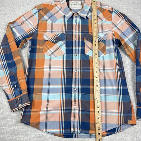 Aeropostale Mens Large Plaid Shirt Western Pearl Snap Button Long Sleeve Orange - Picture 13 of 16